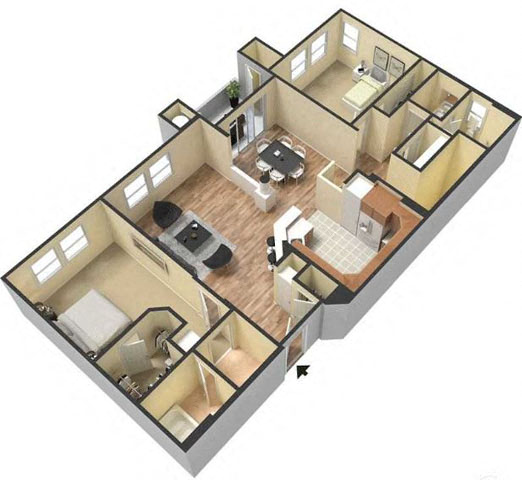 Floor plan for 2 beds, 2 baths, 1157 sqft
